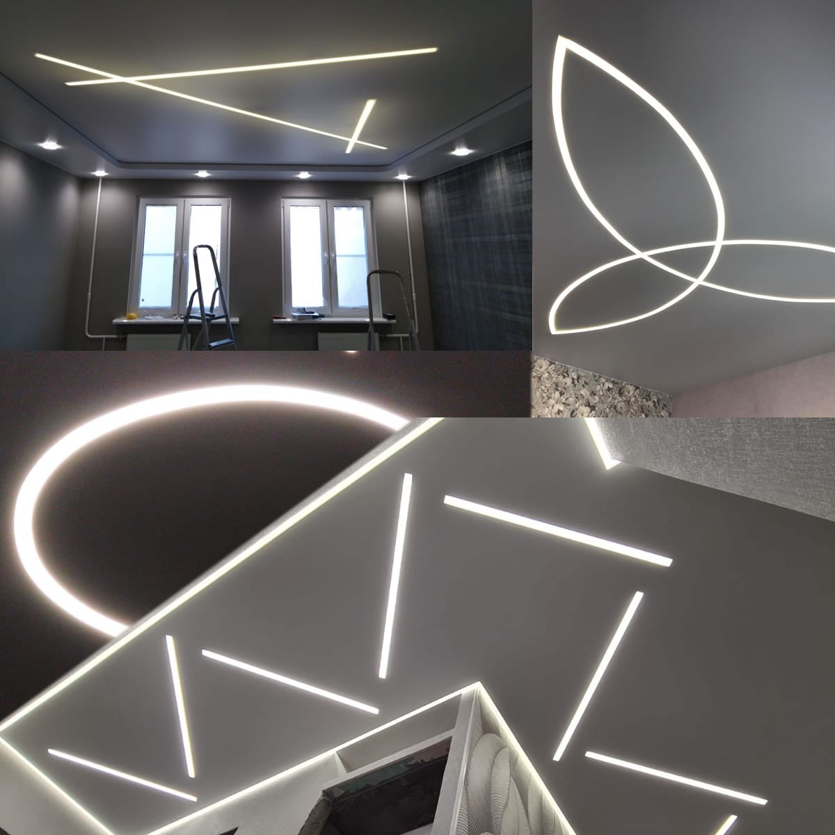 Парящие линии на натяжном потолке в разных помещениях: от гостиной до ванной комнаты